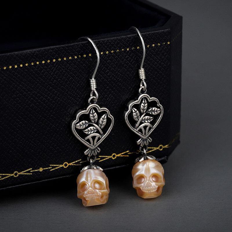 Green Leaf Branches Pearl Skull Drop Earrings™ Skull Accessories – Nature’s Elegance Meets Bold Edge