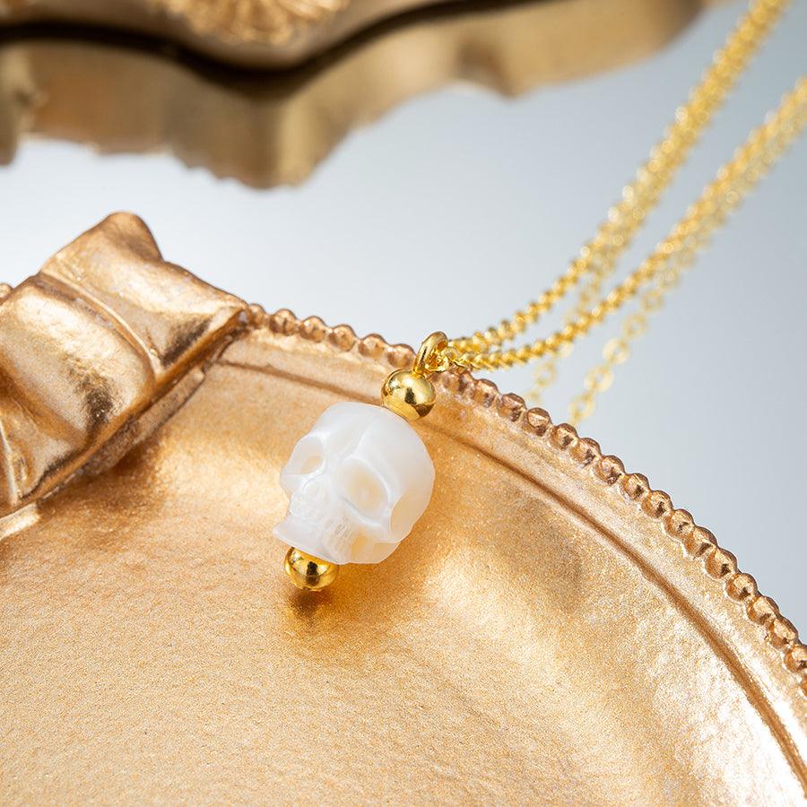 Minimalist Pearl Skull Necklace with Elegant Golden Beads™ Skull Accessories  – Understated Power in Every Detail