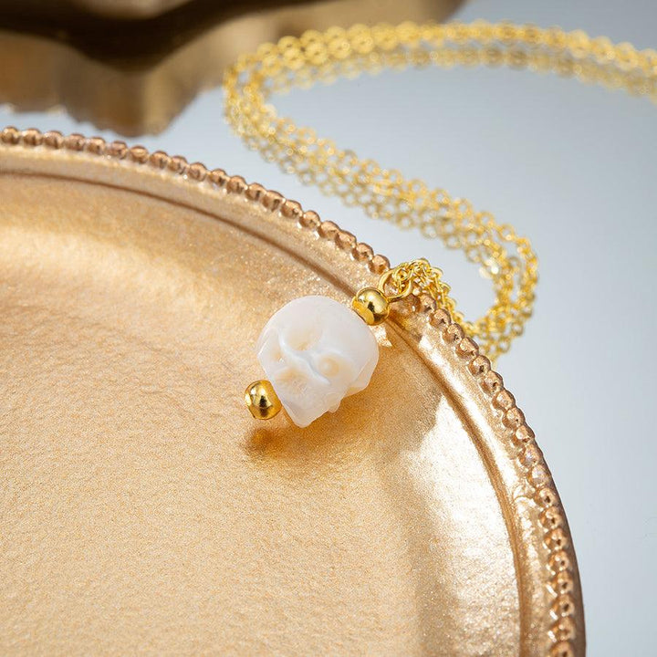 Minimalist Pearl Skull Necklace with Elegant Golden Beads™ Skull Accessories  – Understated Power in Every Detail