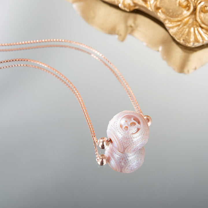 Pearl Carved Skull Round Bead Dainty Necklace™ Skull Accessories  – Sculpted Elegance in Soft Orchid Tones