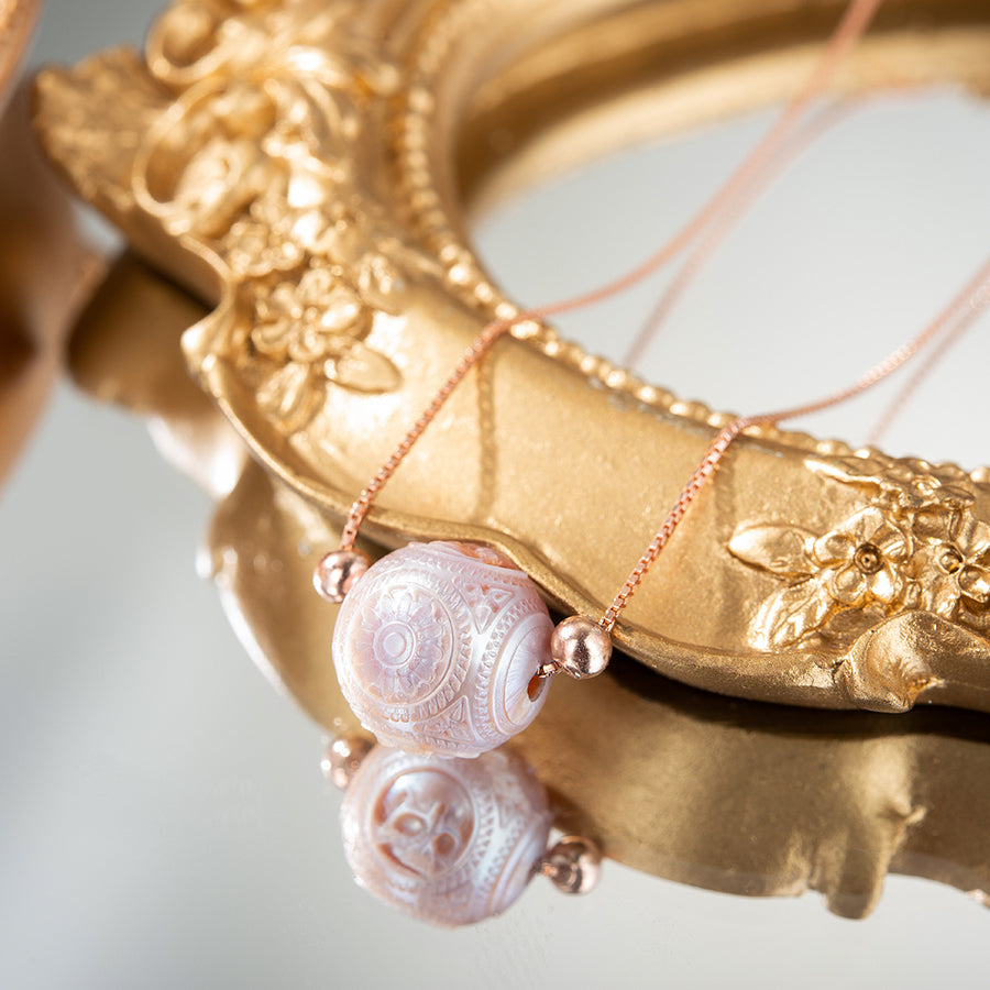 Pearl Carved Skull Round Bead Dainty Necklace™ Skull Accessories  – Sculpted Elegance in Soft Orchid Tones