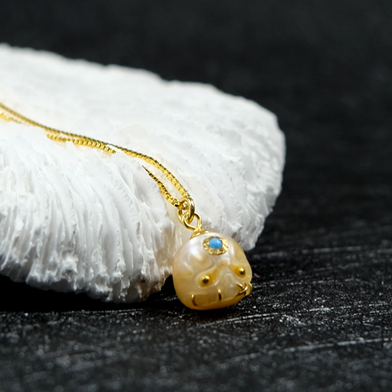 Carved Pearl Skull Śmaśana Gemstone Bead Necklace™ Skull Accessories – Macabre Beauty with a Touch of Color