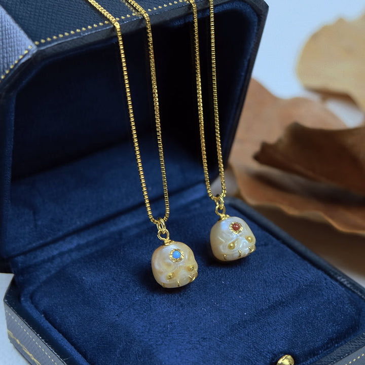 Carved Pearl Skull Śmaśana Gemstone Bead Necklace™ Skull Accessories – Macabre Beauty with a Touch of Color