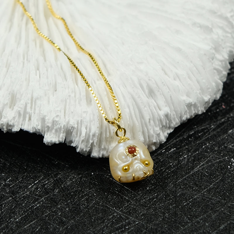 Carved Pearl Skull Śmaśana Gemstone Bead Necklace™ Skull Accessories – Macabre Beauty with a Touch of Color