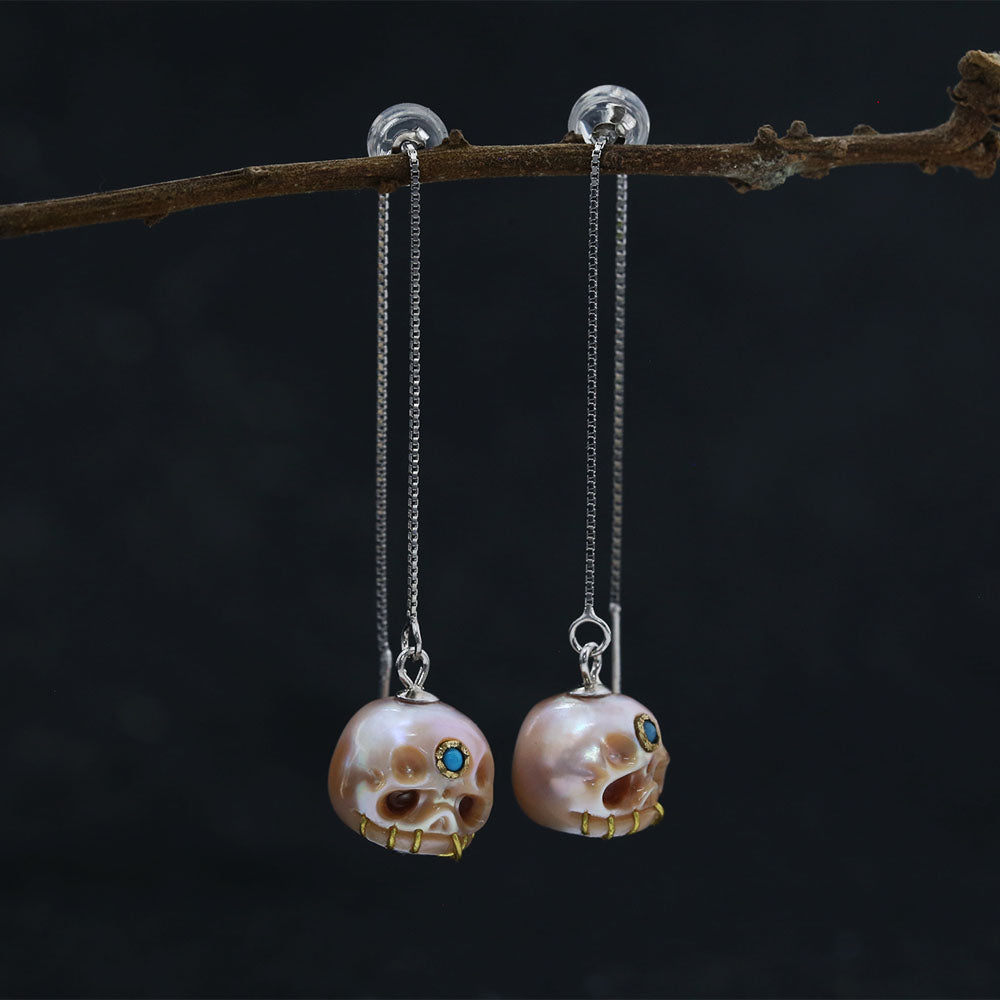 Pearl Carved Śmaśana Threader Earrings™ Skull Accessories – Mystical Elegance with Vibrant Gemstone Detail
