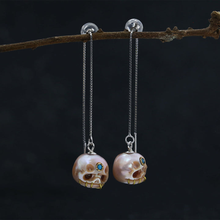 Pearl Carved Śmaśana Threader Earrings™ Skull Accessories – Mystical Elegance with Vibrant Gemstone Detail