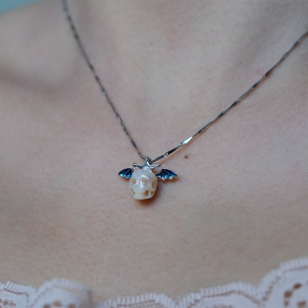Pearl Skull Bat Melon Seed Chain Necklace™ Skull Accessories  – Bold Edge with a Gleaming Gothic Twist