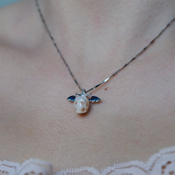 Pearl Skull Bat Melon Seed Chain Necklace™ Skull Accessories  – Bold Edge with a Gleaming Gothic Twist
