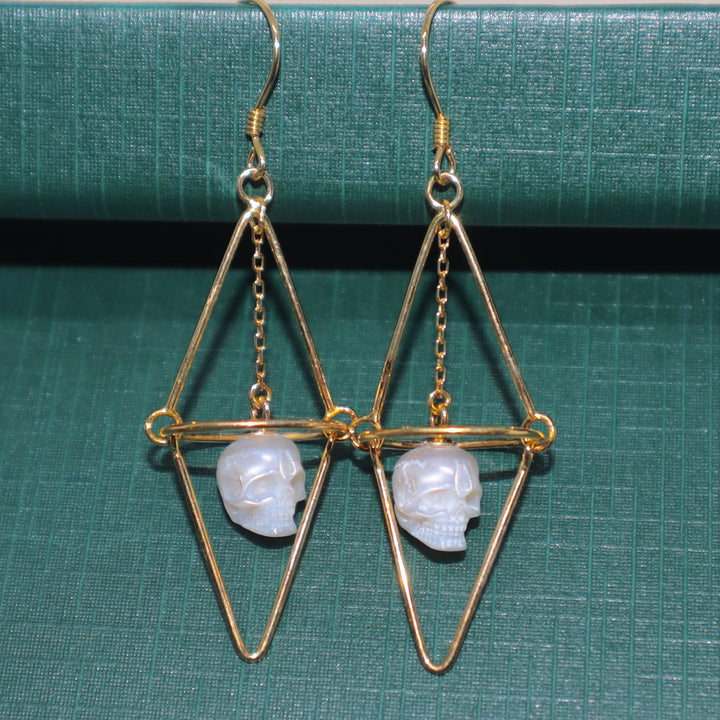 Geometric Pearl Skull Cage Dangle Earrings™ Skull Accessories – Modern Edge Meets Whimsical Elegance
