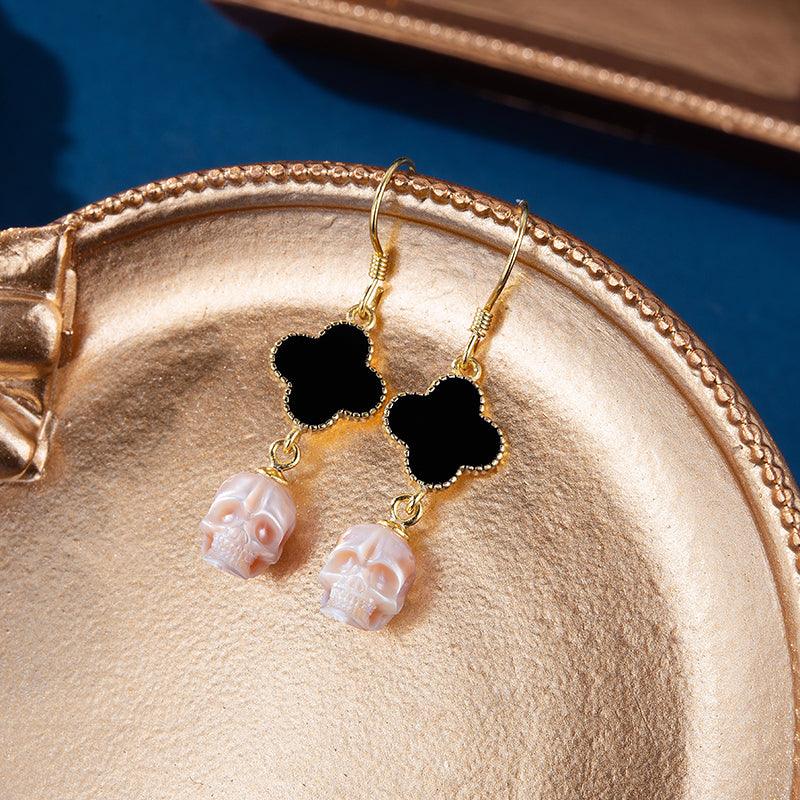 Pearl Skull Four Leaf Clover Dangle Earrings™ Skull Accessories – Symbolic Elegance with an Edge
