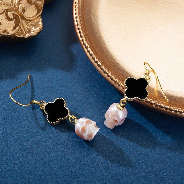 Pearl Skull Four Leaf Clover Dangle Earrings™ Skull Accessories – Symbolic Elegance with an Edge