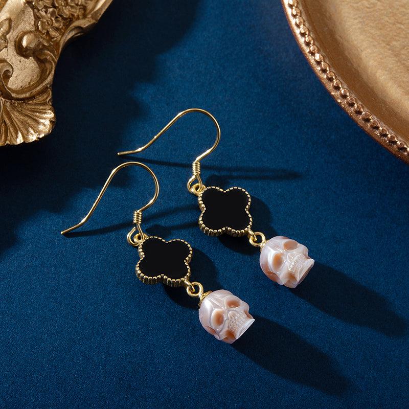 Pearl Skull Four Leaf Clover Dangle Earrings™ Skull Accessories – Symbolic Elegance with an Edge