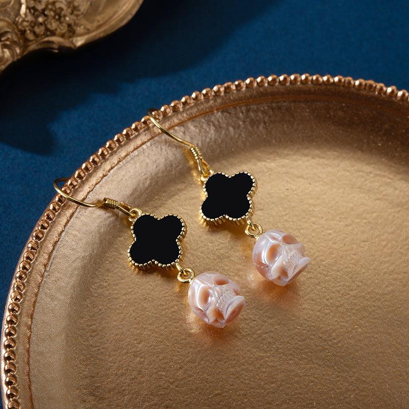 Pearl Skull Four Leaf Clover Dangle Earrings™ Skull Accessories – Symbolic Elegance with an Edge