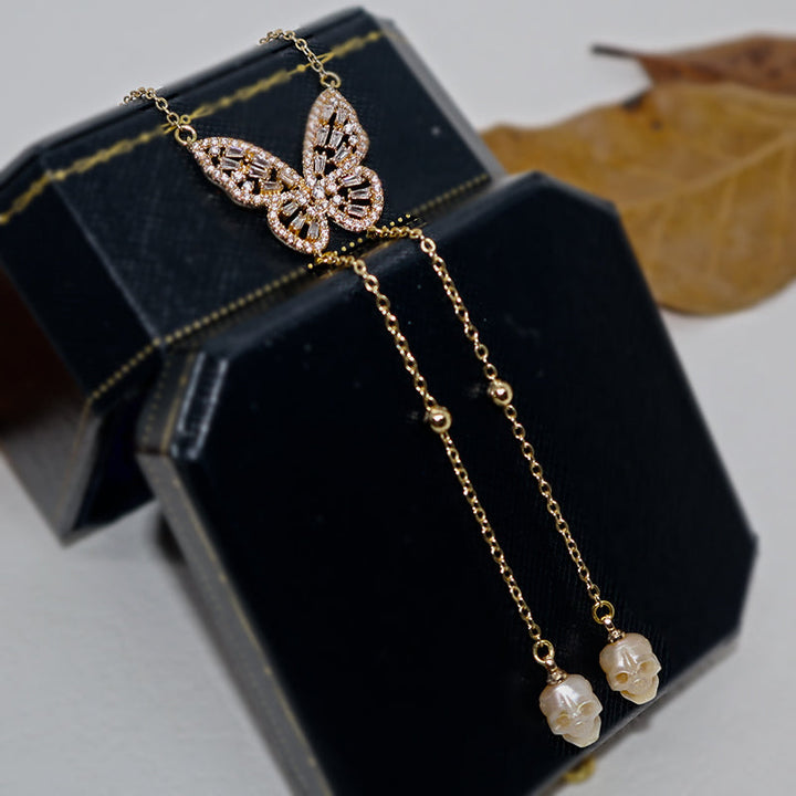 Golden Butterfly Gemstone Skull Pearl CZ Pendant Necklace™ Skull Accessories – Elegance Meets Bold Transformation