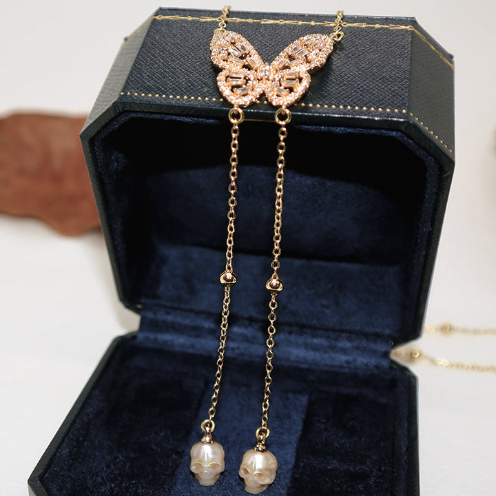 Golden Butterfly Gemstone Skull Pearl CZ Pendant Necklace™ Skull Accessories – Elegance Meets Bold Transformation