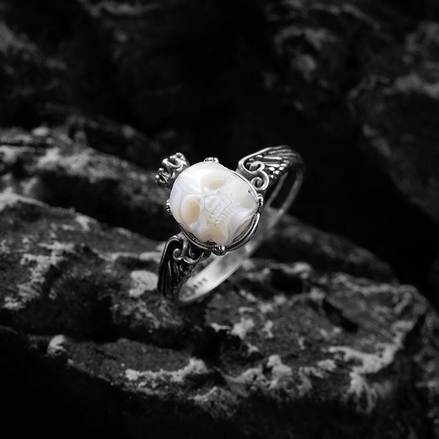 Antique Pearl Skull Queen Crown Engraved Ring™ Skull Accessories  – Vintage Skull Ring with Regal Crown and Intricate Carvings