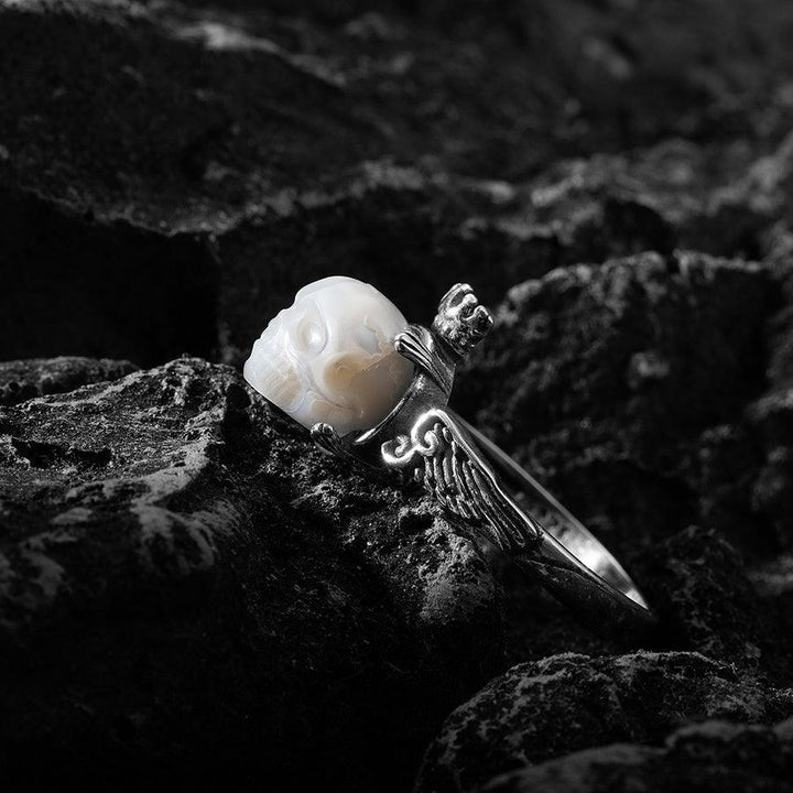 Antique Pearl Skull Queen Crown Engraved Ring™ Skull Accessories  – Vintage Skull Ring with Regal Crown and Intricate Carvings