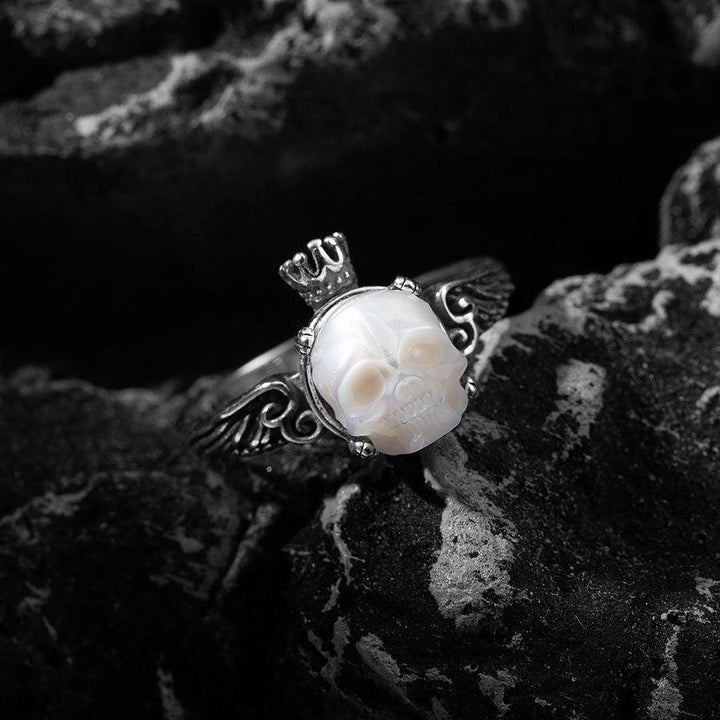 Antique Pearl Skull Queen Crown Engraved Ring™ Skull Accessories  – Vintage Skull Ring with Regal Crown and Intricate Carvings
