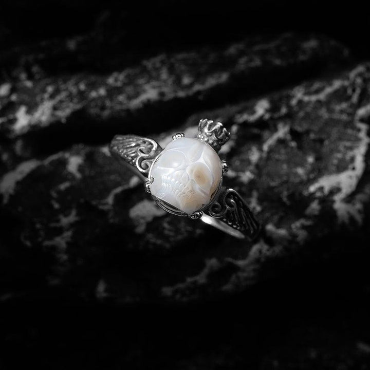 Antique Pearl Skull Queen Crown Engraved Ring™ Skull Accessories  – Vintage Skull Ring with Regal Crown and Intricate Carvings