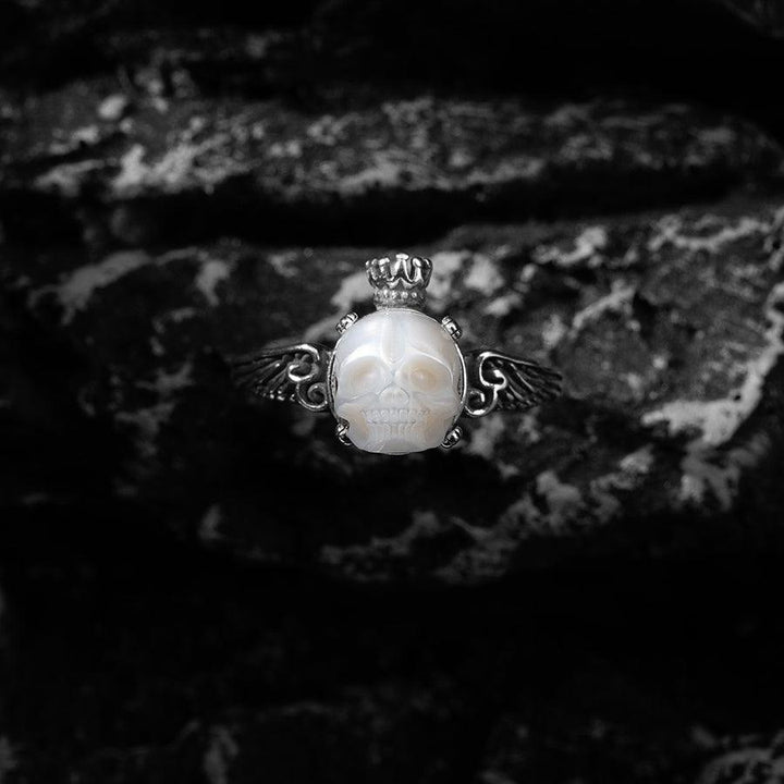 Antique Pearl Skull Queen Crown Engraved Ring™ Skull Accessories  – Vintage Skull Ring with Regal Crown and Intricate Carvings