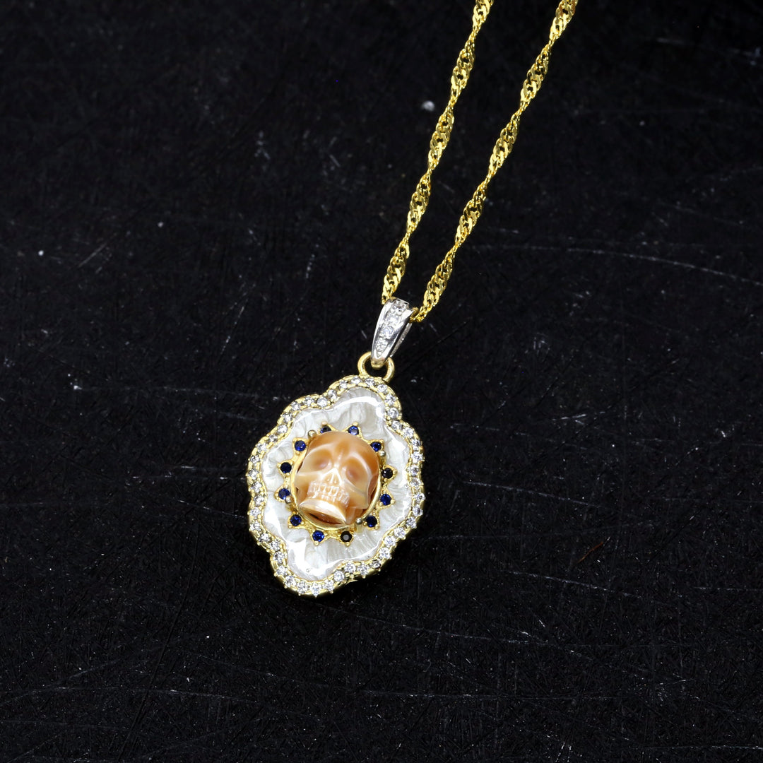 Pearl Skull White Shell Double Halo Gemstone Necklace™ Skull Accessories - Elegant Pearl Skull Pendant with Dual Gemstone Halo