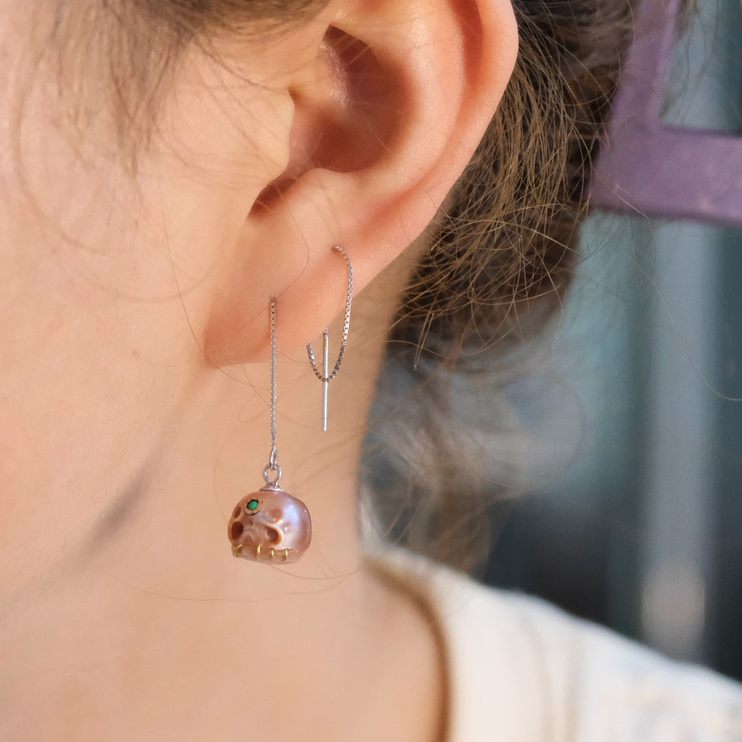 Pearl Carved Śmaśana Threader Earrings™ Skull Accessories – Mystical Elegance with Vibrant Gemstone Detail