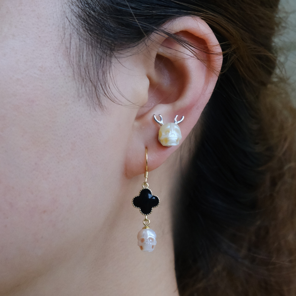 Pearl Skull Four Leaf Clover Dangle Earrings™ Skull Accessories – Symbolic Elegance with an Edge