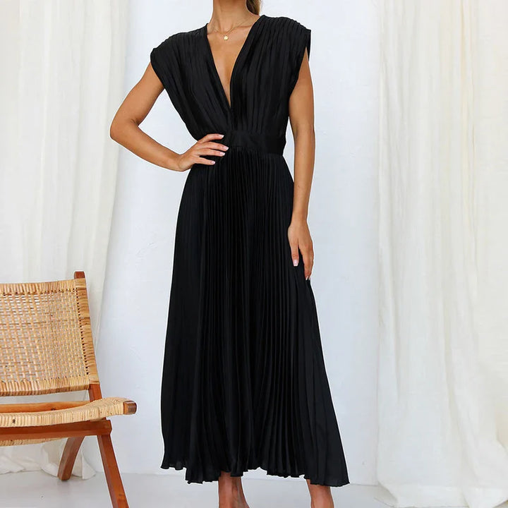 Heather– New Women's Dress with Pleats, Zipper, and Sleeveless Design