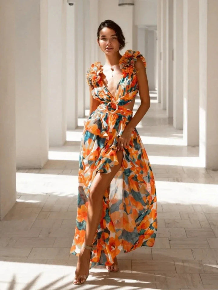 Aurora WD  - Elegant Backless Ruffles Maxi Dress