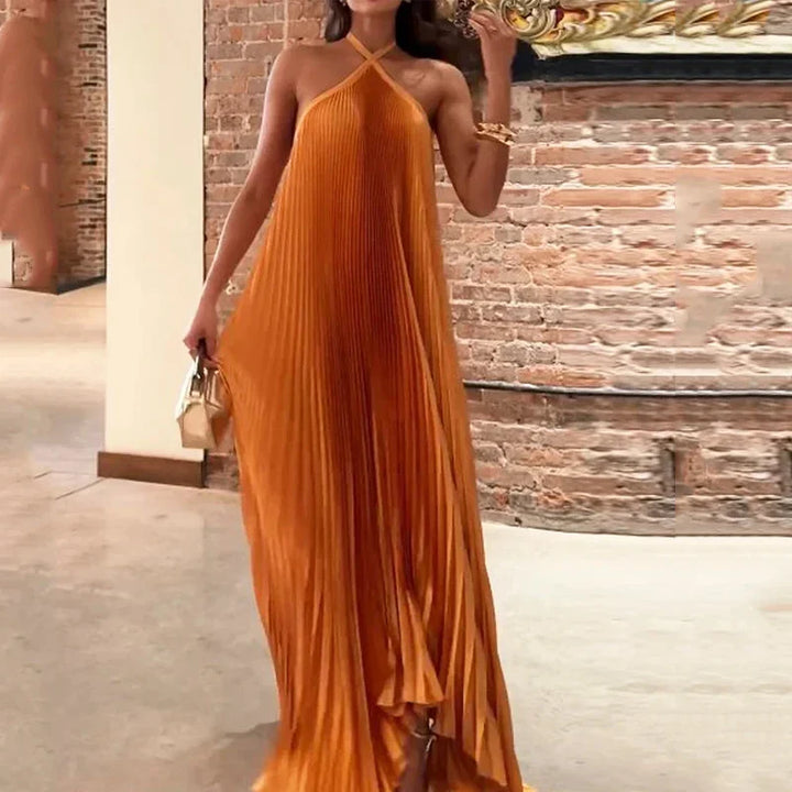 Mira WD- Chic Pleated Halter Neck Maxi Dress
