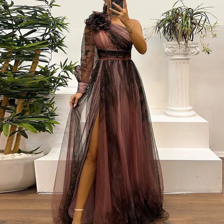 Sienna WD– Trendy One Shoulder Mesh Print Maxi Dress