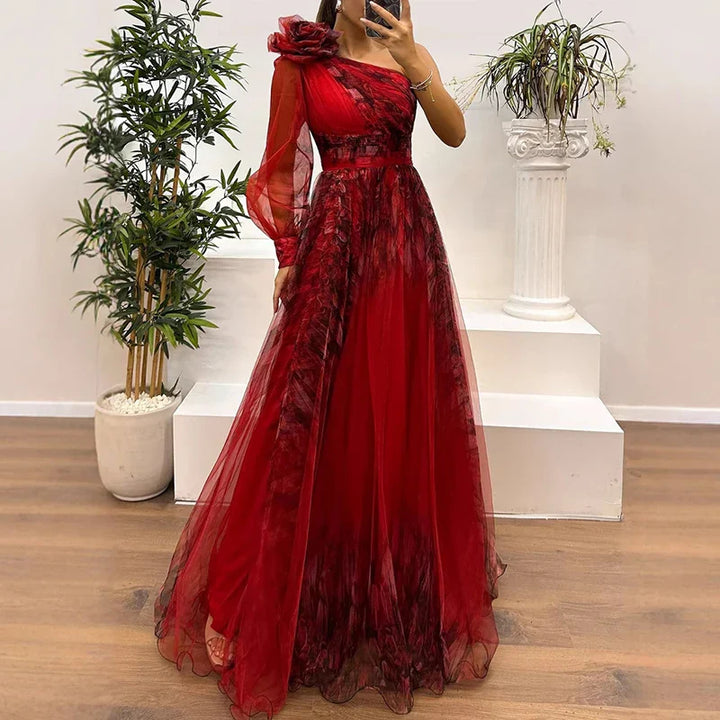 Sienna WD– Trendy One Shoulder Mesh Print Maxi Dress