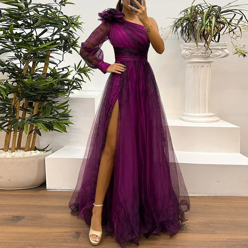 Sienna WD– Trendy One Shoulder Mesh Print Maxi Dress