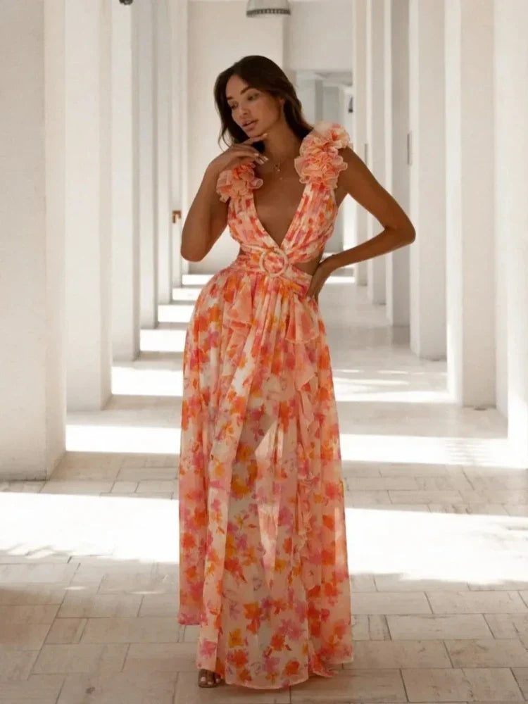 Aurora WD  - Elegant Backless Ruffles Maxi Dress