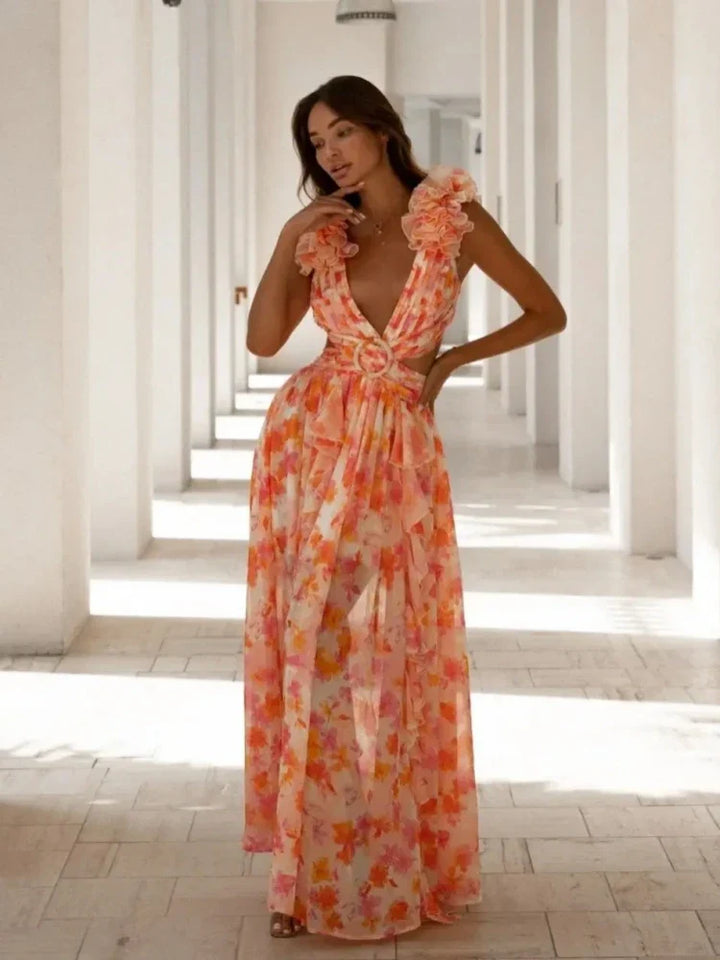 Aurora WD  - Elegant Backless Ruffles Maxi Dress