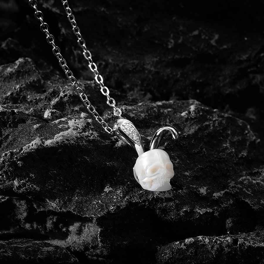 Silver Bunny Ears Pearl Skull Necklace™ Skull Accessories  – Whimsical Elegance with a Bold Twist