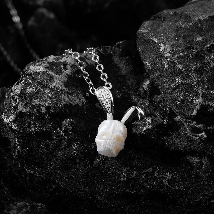 Silver Bunny Ears Pearl Skull Necklace™ Skull Accessories  – Whimsical Elegance with a Bold Twist