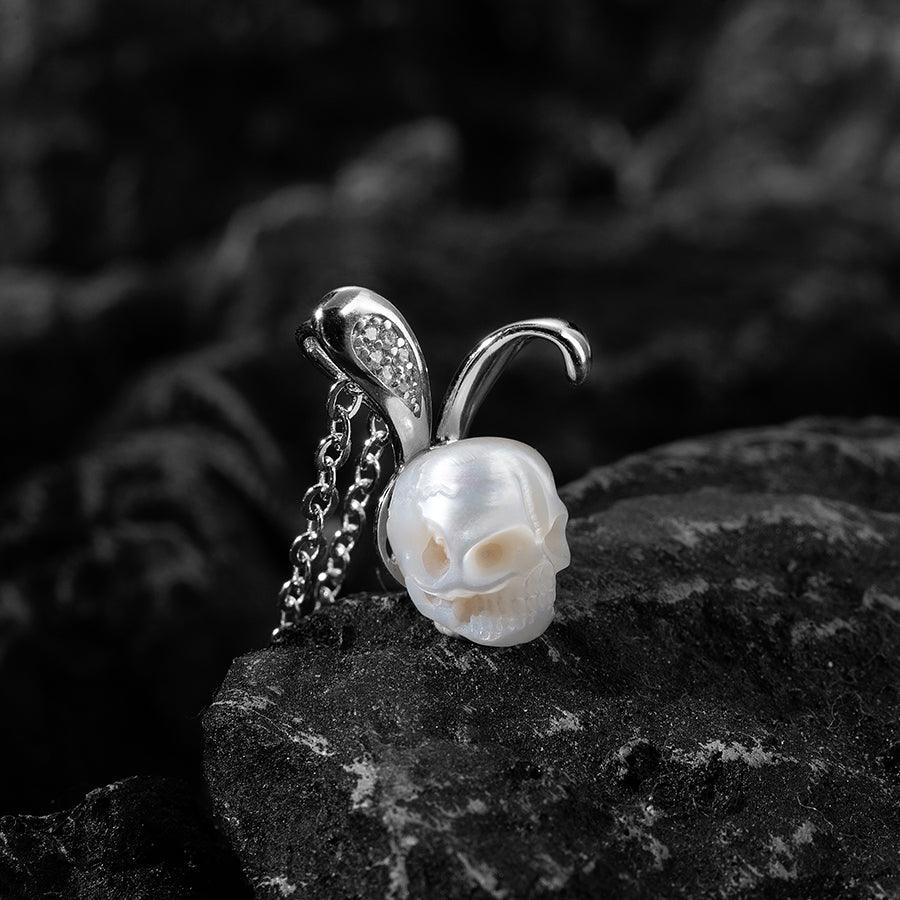 Silver Bunny Ears Pearl Skull Necklace™ Skull Accessories  – Whimsical Elegance with a Bold Twist