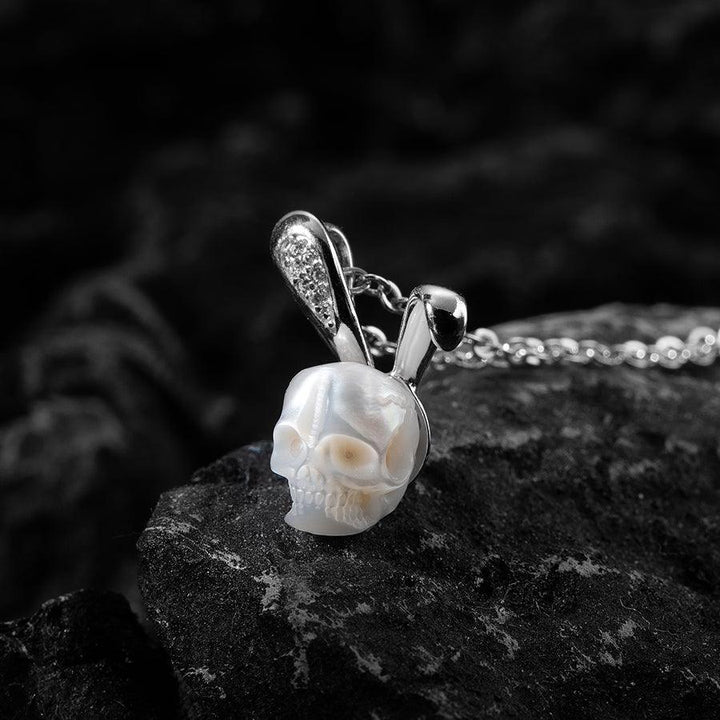 Silver Bunny Ears Pearl Skull Necklace™ Skull Accessories  – Whimsical Elegance with a Bold Twist