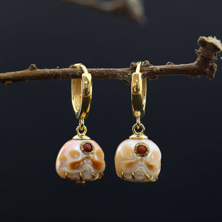 Śmaśana Pearl Skull Gemstone Hoop Earrings™ Skull Accessories  – Mystical Hoops with Skull and Gemstone Accents