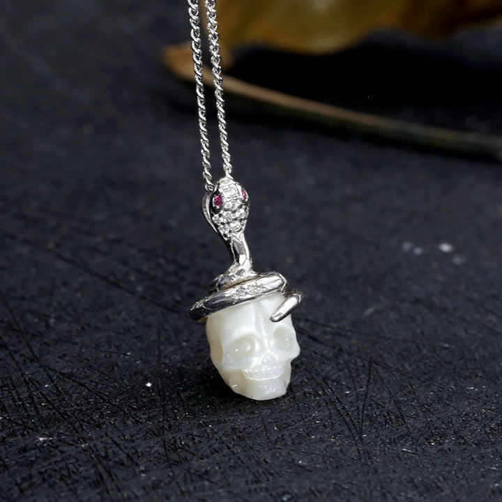 Snake and Skull Pearl CZ Pendant Necklace™ Skull Accessories – Edgy Elegance in Every Coil