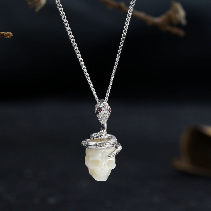 Snake and Skull Pearl CZ Pendant Necklace™ Skull Accessories – Edgy Elegance in Every Coil