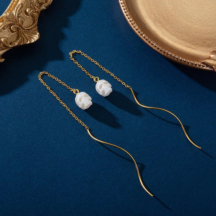 Dainty Squiggle Pearl Skull Threader Earrings™ Skull Accessories  – Elegance with a Rebellious Twist