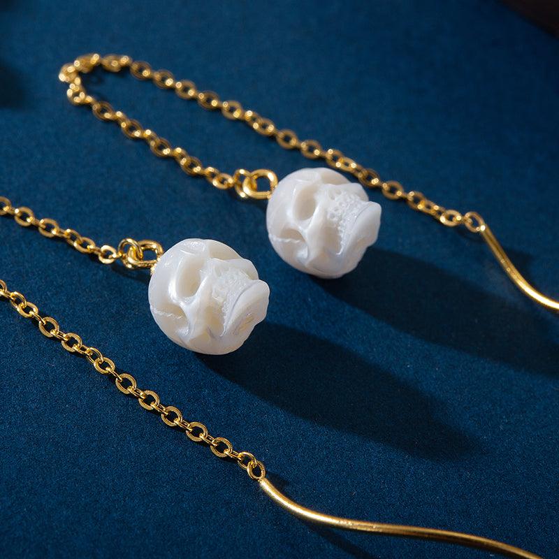 Dainty Squiggle Pearl Skull Threader Earrings™ Skull Accessories  – Elegance with a Rebellious Twist