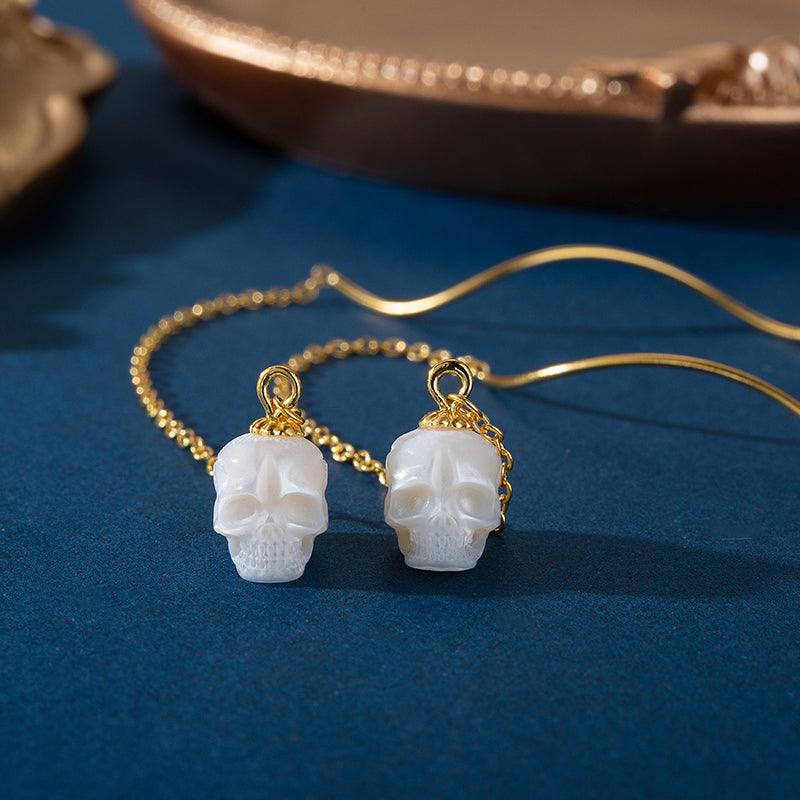Dainty Squiggle Pearl Skull Threader Earrings™ Skull Accessories  – Elegance with a Rebellious Twist