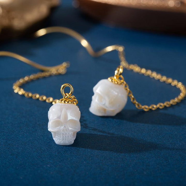 Dainty Squiggle Pearl Skull Threader Earrings™ Skull Accessories  – Elegance with a Rebellious Twist
