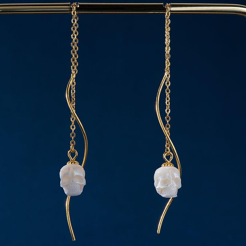 Dainty Squiggle Pearl Skull Threader Earrings™ Skull Accessories  – Elegance with a Rebellious Twist