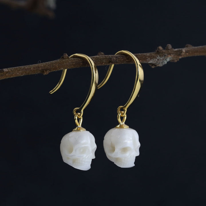 Tapered Pearl Skull Dangle Hook Earrings™ Skull Accessories – Gold-Plated Hook Earrings with Carved Pearl Skull Charms