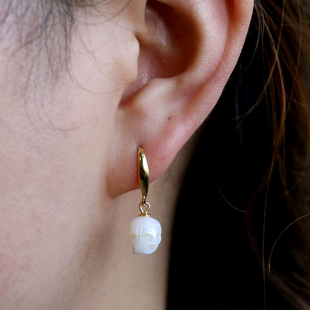 Tapered Pearl Skull Dangle Hook Earrings™ Skull Accessories – Gold-Plated Hook Earrings with Carved Pearl Skull Charms