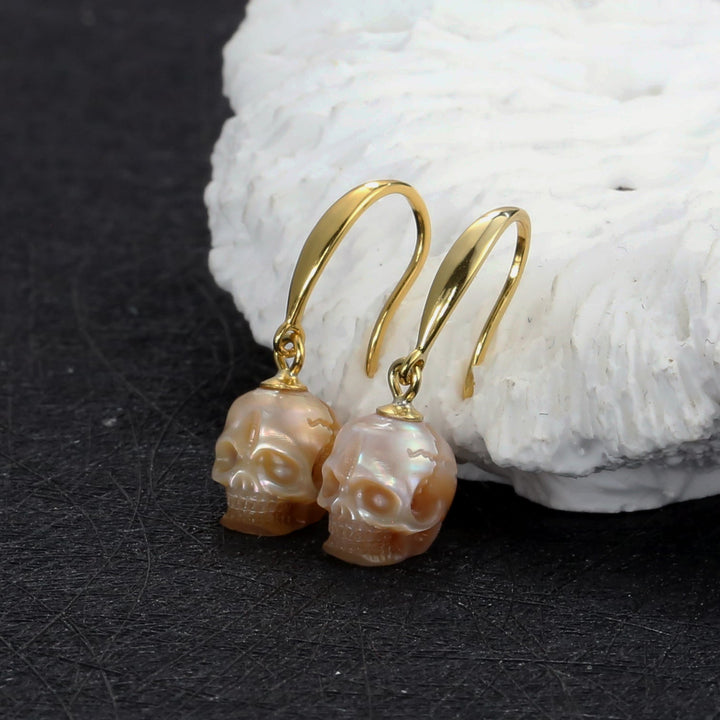 Tapered Pearl Skull Dangle Hook Earrings™ Skull Accessories – Gold-Plated Hook Earrings with Carved Pearl Skull Charms